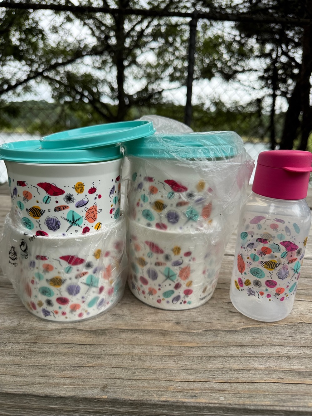 Tupperware Utopic Shore Canister Set with Pink Bottle Top and Aqua Lids